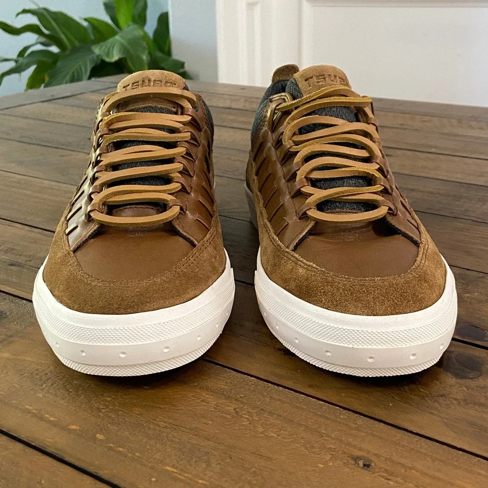 Tsubo Mens Brown Leather Suede Herringbone Low Top Sneakers Size 9